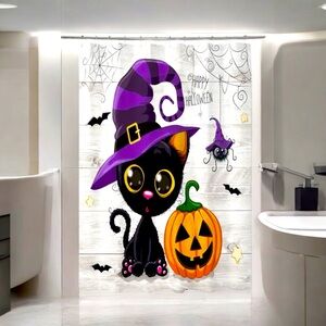 Cute Black Cat Halloween‎ Shower Curtain With Hooks For Bathroom Decoration
